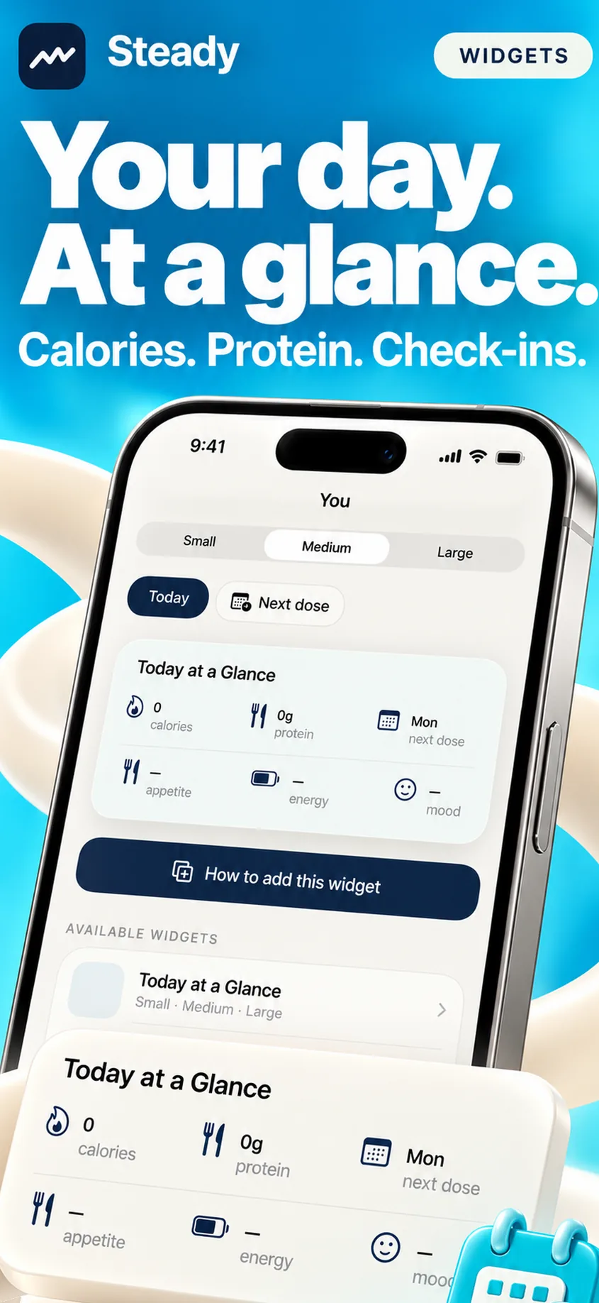 Home Screen widgets: calories, protein, check-ins and your next dose at a glance
