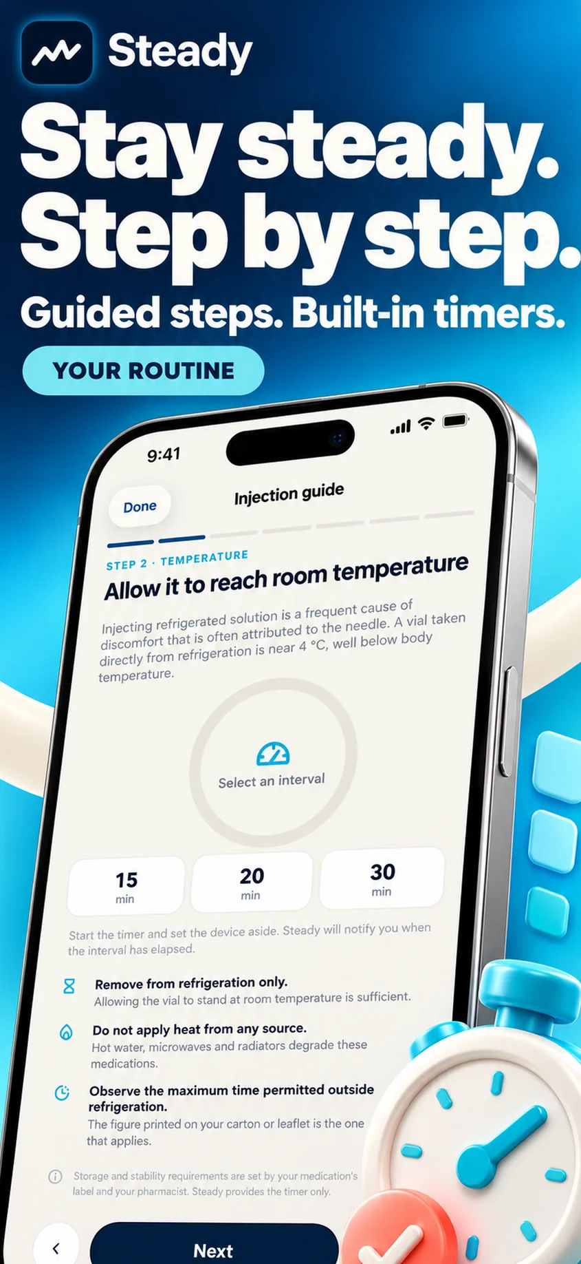 The injection guide, step by step, with a built-in warm-up timer